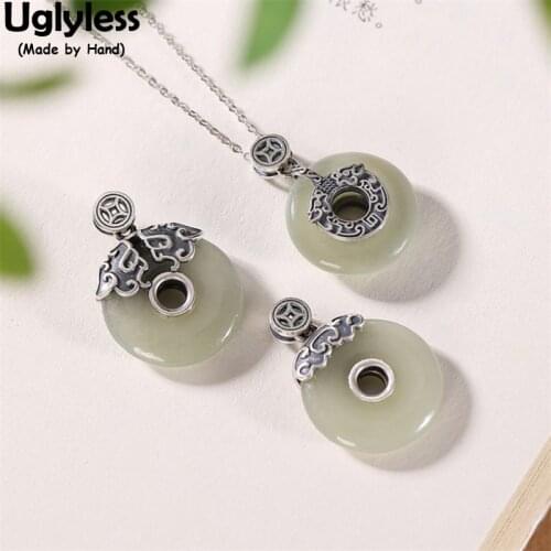 Uglyless 3Sizes Peace Buttons Natural Jade Necklaces NO Chains Ethnic Thai Silver 925 Silver Vintage Pendants for Women Jewelry