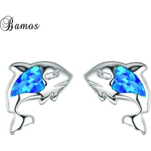 Bamos Blue Opal Fish Stud Earrings Tiny Animal Earrings For Women Girls Vintage White Gold Filled Jewelry Party Accessories
