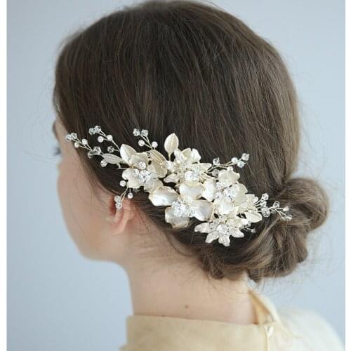 Light Gold Floral Wedding Hair Piece Bridal Comb Leaf Headpiece Handmade Crystal Women Hair Ornament Accessories