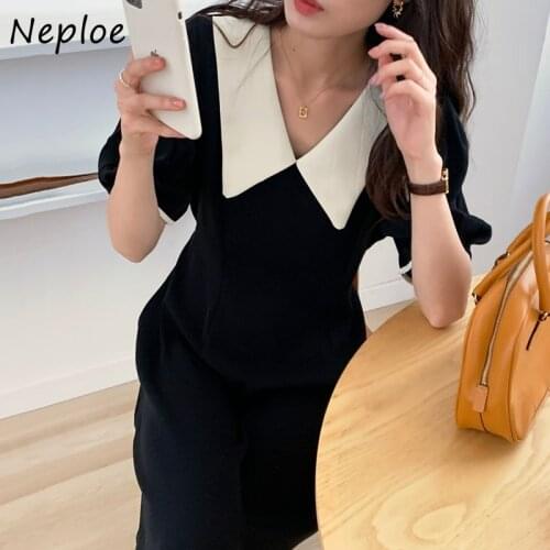 Nelpoe French Vintage Hebburn Style Puff Sleeve Robe Female Turn Down Collar Vestidos High Slim Waist Bandage Ladies Maxi Dress