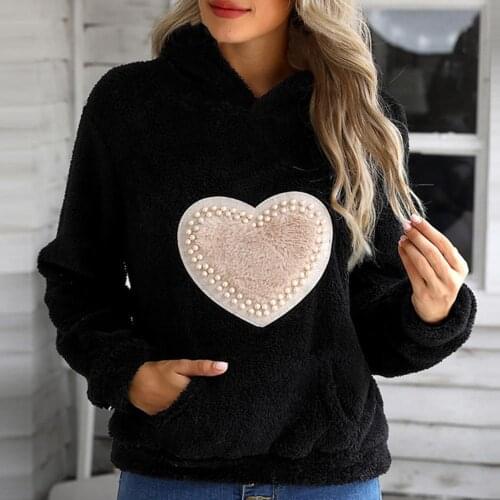 Winter Fashion Warm Fleece Hooded Sweatshirt Women Elegant Zipper Pocket Tops Autumn Casual Cute Heart Print Hoodies Streetwear