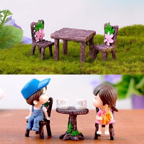 1 Set Miniatures DIY Material Wood Chairs Tables Resin Crafts Artificial Micro Landscape Home Garden Decorations Desk Stool
