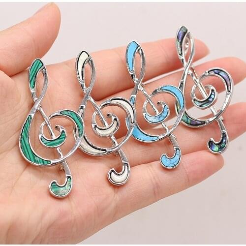 1pcs Natural Note Shape Malachite White Shell Brooches Pins Pendants for Women Girl Party Jewelry Accessories Gift Size 28x6mm