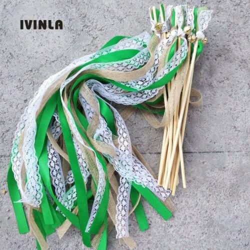 50pcs/lot Green Jute wedding wands with gold bell for wedding decoration