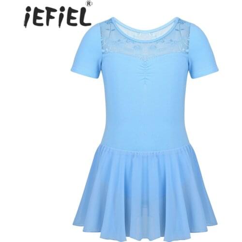 Kids Girls Beautiful Stage Performance Tutu Dress Floral Lace Splice Back Ballet Dancewear Gymnastics Leotard Chiffon Costumes