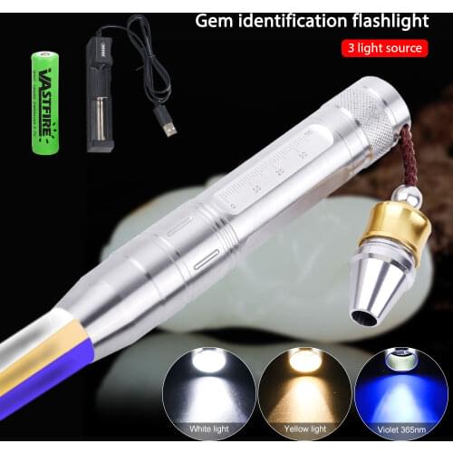 White/yellow/365nm ultraviolet flashlight 3 light source gemstone identification Torch rechargable UV lights lamp+18650+charger