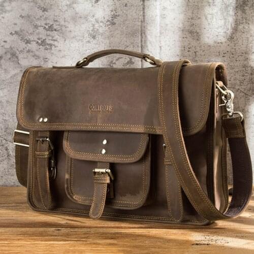 Crazy Horse Genuine Leather Briefcase For Man 14 inch PC Cow Leather Male Messenger Shoulder Bags Laptop Business Office Handbag