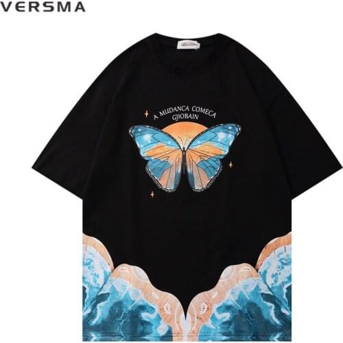 VERSMA Japanese Chic Vintage Butterfly Print T-shirt Men Women Summer Hip Hop Oversized Rock Punk Unisex Tshirt Men Dropshipping