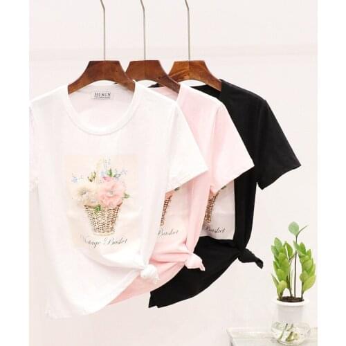 Cotton Tshirt Women Flower T Shirt Summer Wear Womens New Fashion Beads Stereo Flower Printing Short Sleeved T-shirt Lady Tops