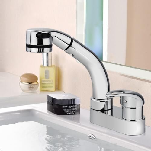 Chrome Solid brass three holes bathroom pull out sink faucet two function Cold and hot water mixer basin faucet
