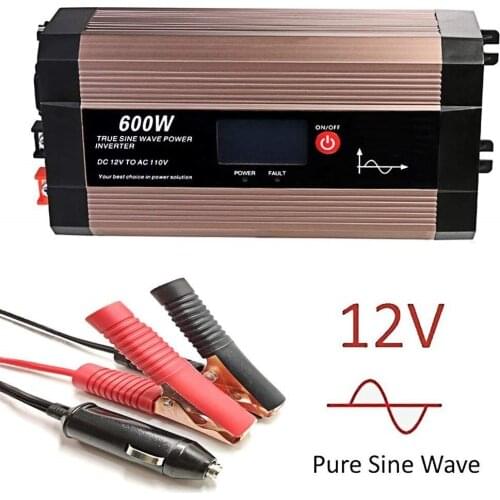 Power Inverter Pure Sine Wave 600 Watt 12V DC to 110V 230V with LCD Display, Dual AC Outlets and USB Port, Perfect for Emergency