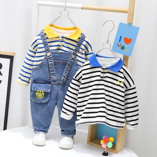 Baby Boy Clothes Birthday Baby girls Outfits kids Costume Striped T-shirt +Denim overalls Toddler Baby Children Clothing Set