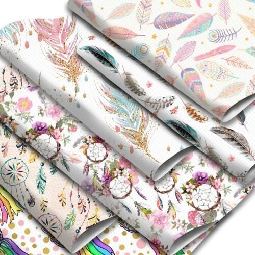 Dreamcatcher Feather Pattern Printed Faux Leather Sheets Synthetic Leather Fabric 20x33cm for DIY Earrings Hair Bows Making