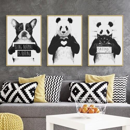 Funny Black White Animals Poster Nordic Cartoon Canvas Painting Wall Art Cute Panda Boston Terrier Pictures Modern Home Decor