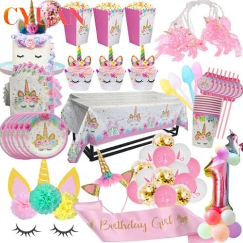 CYUAN Unicorn Disposable Tableware Unicorn Party Paper Plate Cups Napkins Unicorn Birthday Party Decoration Baby Shower Girl