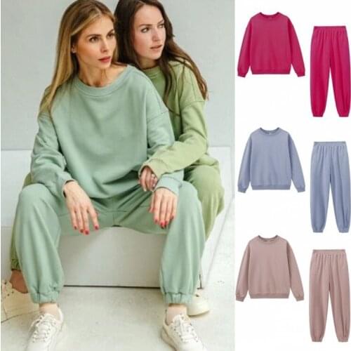 Autumn and Winter New Crew Neck Sweater Coat Fleece-Lined Thickened Two-Piece Suit Loose Trousers Suit