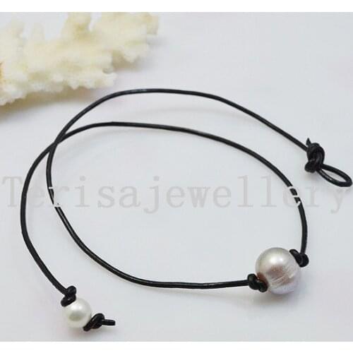 Classic Single Pearl Leather Necklace Purple Freshwater Pearl Black Leather Choker Necklace Fashion Birthday Wedding Jewelry