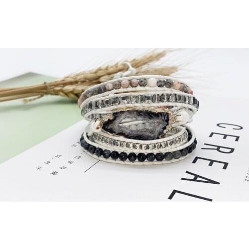 Pine Stone 5Layers Natural Stone Leather Bracelet Exquisite Mix Stones Women Fashion Wrap Bracelet Boho Bracelet Jewelry