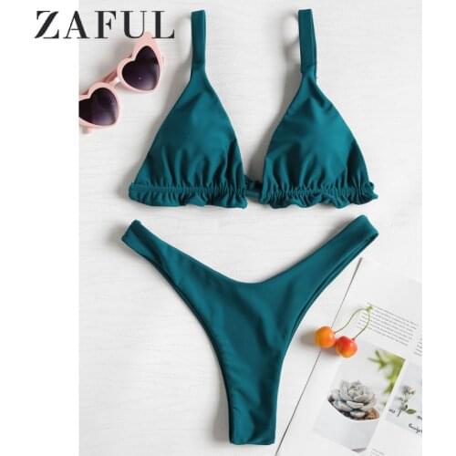 ZAFUL Frilled Thong Bikini Set High Waist Leg Bikini Set Padded Ruffles High Cut Bikini Sexy Swimsuit Women Bathing Swimwear