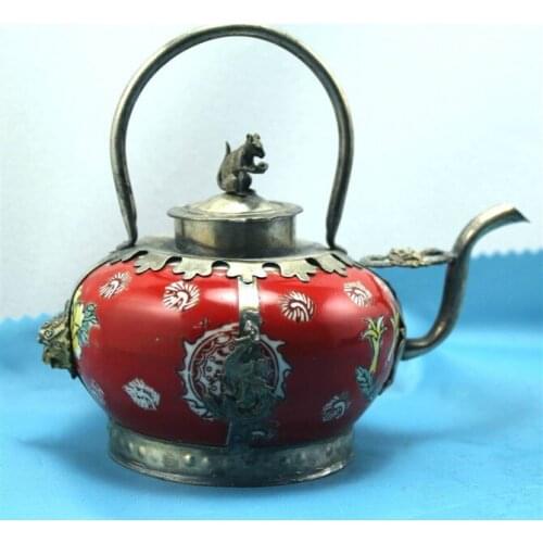 Tibetan Silver design antique monkey dragon phoenix tibet silver porcelain teapot;TBW-0006 tools wedding Decoration Brass
