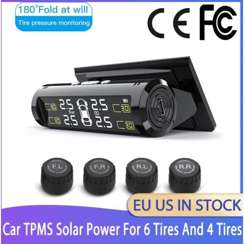 TPMS Automatic Brightness Control USB&Solar Charging Car Tire Wireless Pressure Monitor System Adjustable LCD 4 Tire Sensor