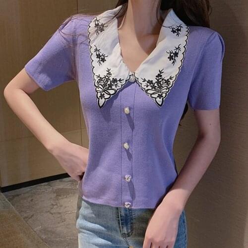 Womens T-shirt Fashion Embroidery Lapel Short-sleeved Knitted T Shirt Sweet Style Solid Color Top With Beaded