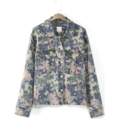 Autumn women fashion loose single breasted water wash camouflage casual jacket female trendy tassel military style outerwear