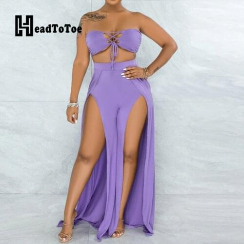 Plain Sexy Strapless Crop Tops & Slit Wide Leg Pants Set Summer Women Two Piece Set