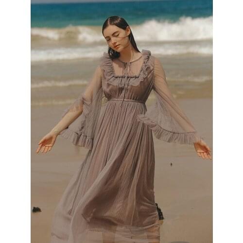 Spring Women Vintage Beach Casual Vatcation Mesh Bohemian Purple Holiday Maxi Dress womens Summer sundresses