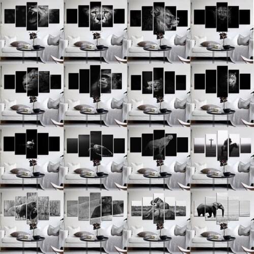 5 Pieces HD Black and White Animals Canvas Printed Living Room Hotel Lobby Decorative Wall Elegant Modern Style Decorative Paint