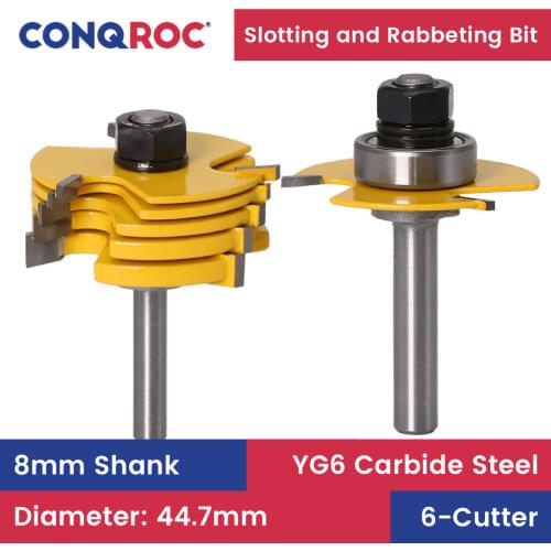 8mm Shank 6 Pieces Replaceable T-Slot Router Bits Set 3 Cutting Edges Woodworking Milling Cutters Kit