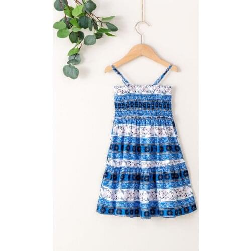 Kids Summer Bohemia Sling Dress Floral Print Spaghetti Straps Elastic Band Sleeveless Casual Skirt for Small Girls Blue