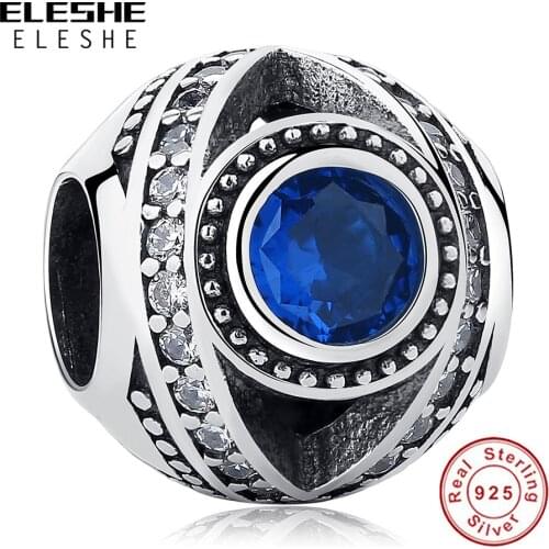 ELESHE Wholesale Authentic 925 Sterling Silver Round Charm Blue Eye Crystal Bead Fit Charms Bracelet Jewelry