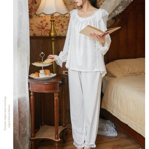 Long-sleeved Pajamas Suit Womens Cotton Spring Retro Trousers Loose Plus Size Palace Style Princess Embroidered Home Service
