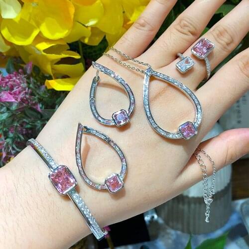 Kellybola Sweet Romantic Shiny Necklace Earrings Bangle Ring 4PCS Cubic Zirconia Bridal Women Wedding Jewelry Sets High Quality