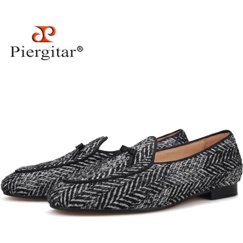 Piergitar handmade grey black knitted fabric men loafers with leather tie classic mens smoking slippers plus size