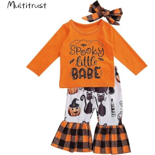 3 Pieces Baby Girls Halloween Set Letter Print Round Neck Long Sleeve T-Shirt+ Plaid Flared Trousers+ Headband Set