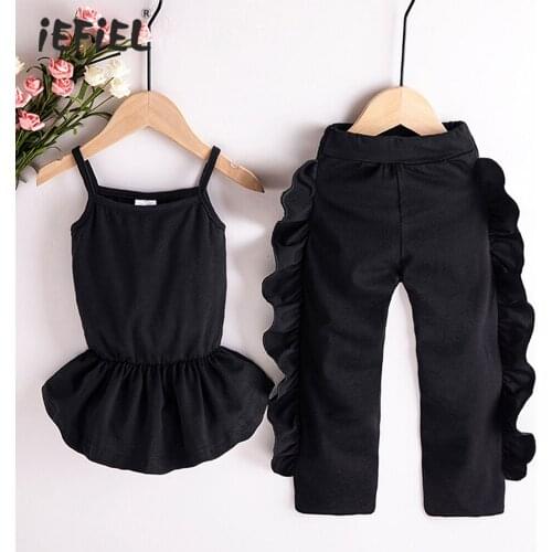 Kids Baby Girl Clothes Set Cotton Black Sling Vest Top+Ruffle Edge Pants 2Pcs Baby Girls Summer Funny Dinosaurs Outfits Novelty