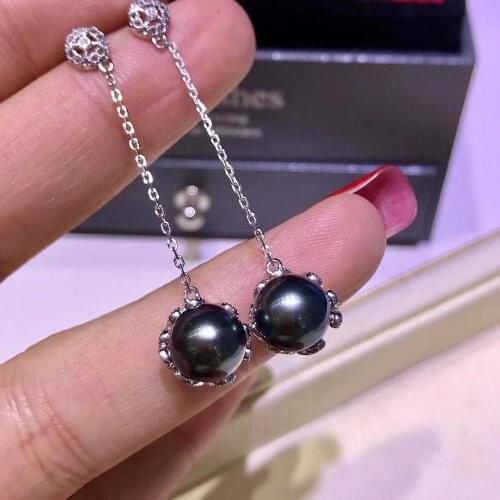 HENGSHENG 8mm Round Tahiti Black Natural Ocean Pearls Earrings Fine Jewelry Pure 925 Silver Drop Earrings Luxury For Women