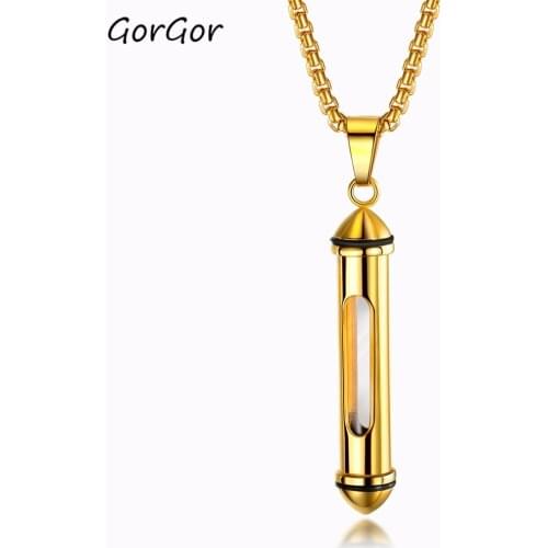 GorGor Classic Practical Cylinder Open Titanium Steel Perfume Bottle Pendant Cinerary Box Commemorative Mens Necklace 1573