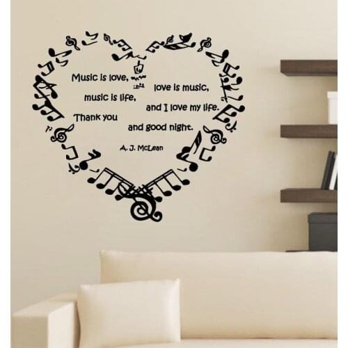 Music Is Love Heart In Musical Notes Wall Sticker Home Decor Art Murals Kids Children Room Decoration Nursery Wall Decals