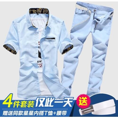 New Mens Short Sleeve T-shirt Jeans Pants 2pcs Set Casual T-shirts Printed Long Pencil Pants Casual Trousers M098
