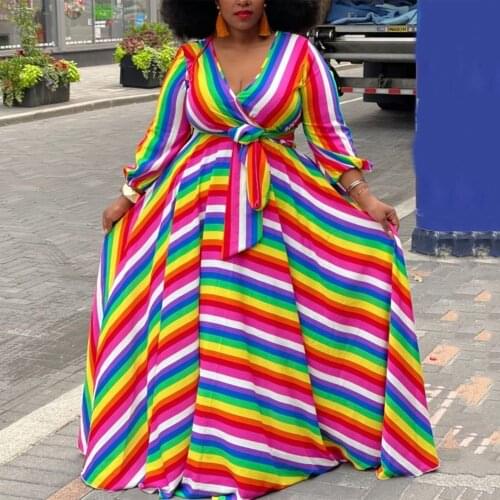 4XL 5XL Plus Size Striped Print Dress for Black Women African Ladies V Neck Floor Length Elegant Evening Night Party Vestidos