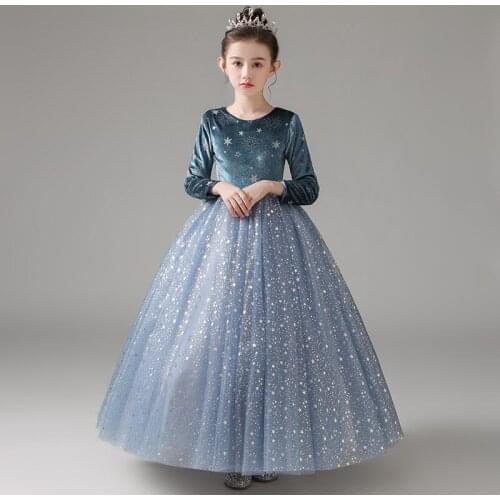 Flower Girl Dresses Illusion O-Neck Sequined Princess Floor-Length Tulle Lace Full Luxury Navy Blue Lovely Kids Party Gown H227
