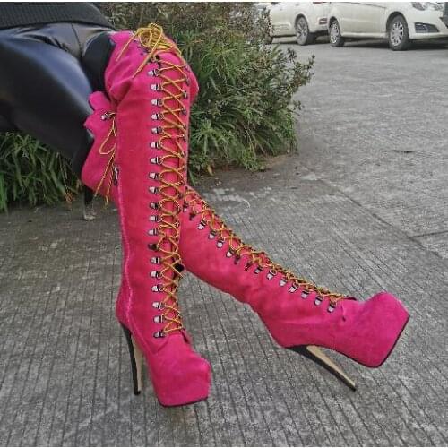 Hot Pink Winter New Platform Lace Up Front Round Toe Over The Knee Thin Heels Thigh Boots Sexy Night Club Long Boots Woman