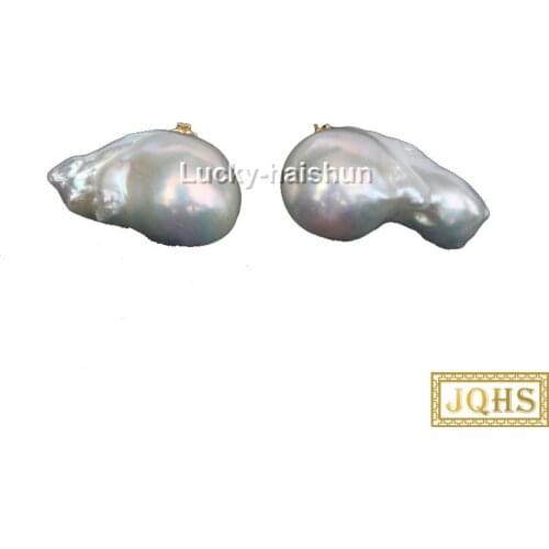 Baroque Luster 21mm white Reborn keshi pearls Earrings 14K gold post j12386