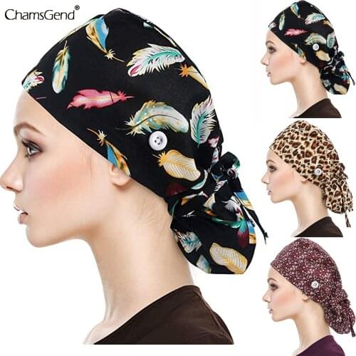 2021 Scrub Cotton Nurse Hat Floral Bouffant Sanitary Cap With Sweatband Cartoon Printing Nursing Confortable Hat Working Cap