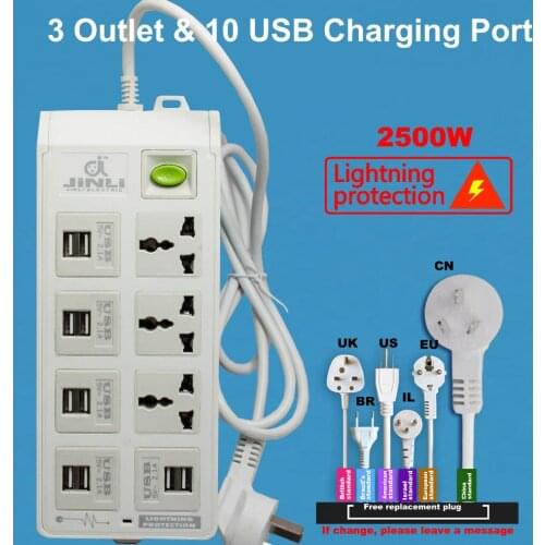 Power Strip Socket with 10 USB Standard Extension Socket Plug Multifunctional Smart Power Strip Home Electronics