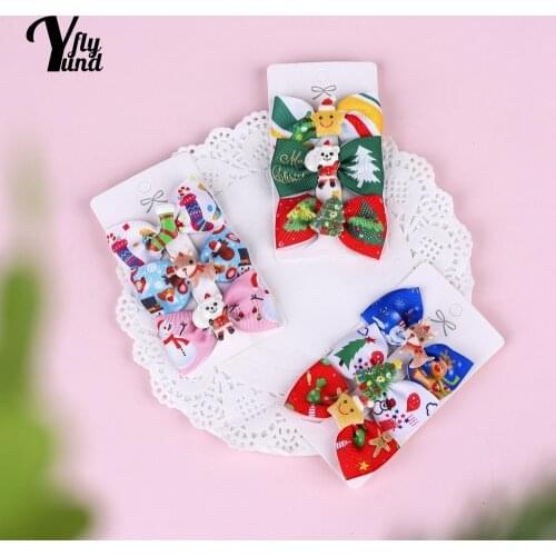 Yundfly 3pcs/lot Fashion Cartoon Pattern Bows Baby Hair Clip Cute Print Bowknot Infant Bangs Hairpin Christmas Gifts Photo Props
