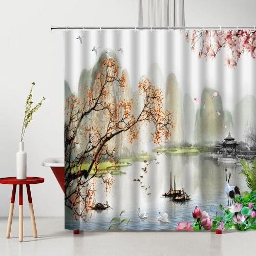 Chinese Printed Shower Curtain Ink Mountain Water Flower Scenery Polyester Home Bathroom Decor Bath Hanging Cloth Curtains Set